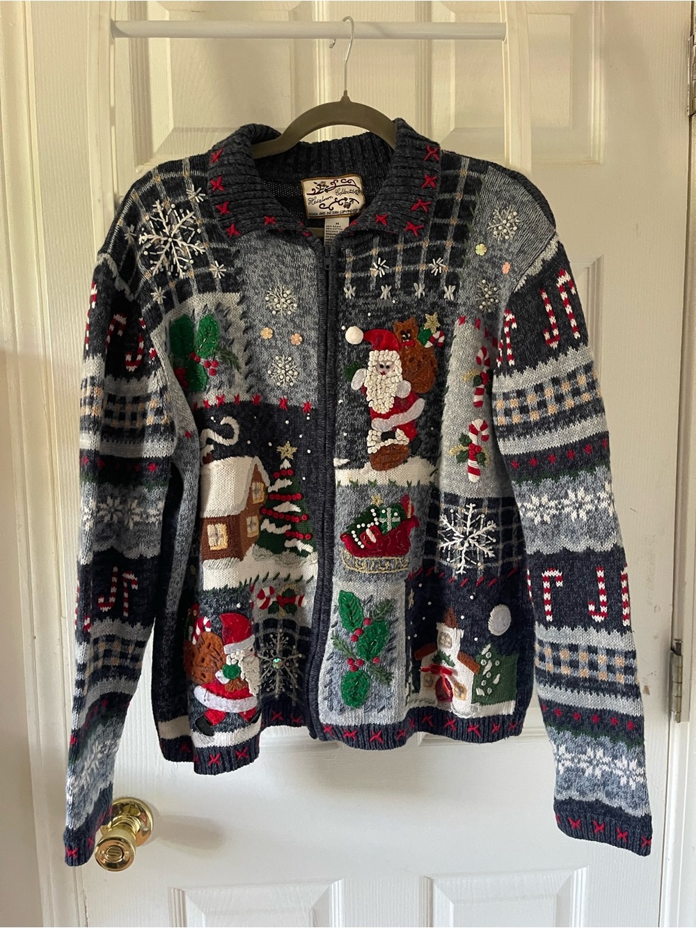 Vtg Heirloom Collectibles Ugly Blue Christmas Sweater Santa Snowman Zip Front